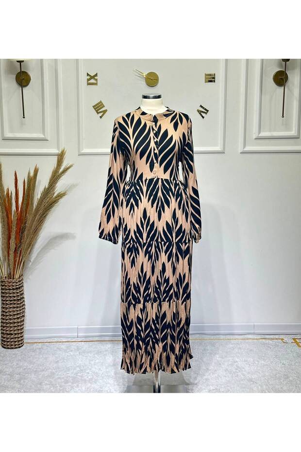 Women's New Season Elegant Patterned Viscose Fabric Dress with Elastic Sleeves