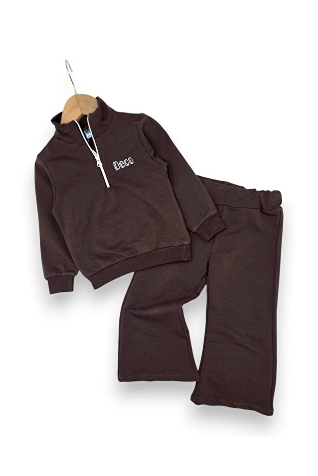 Girl's Seasonal Zippered Collar Sweatshirt Compact Tracksuit Set for Ages 2-3-4-5-6