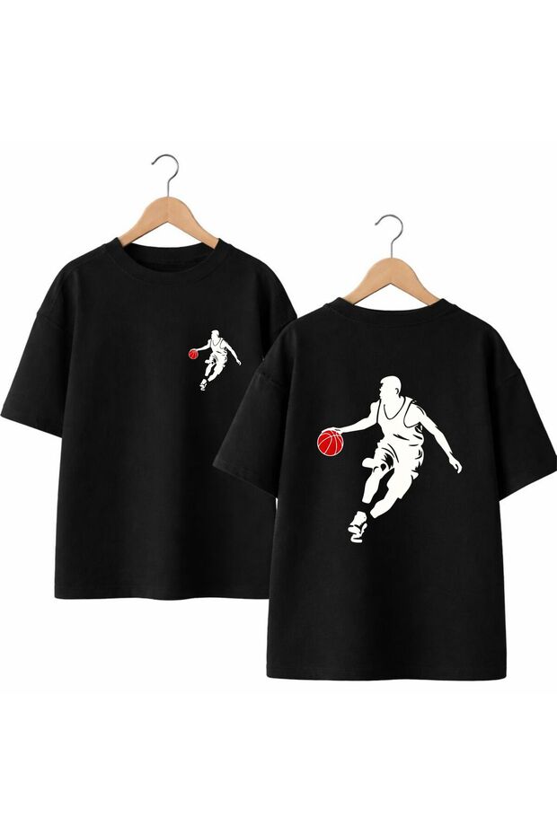 Basketball Black Shadow Back and Front Chest Printed 100% Cotton Oversize Loose Regular Fit Crew Neck T-Shirt