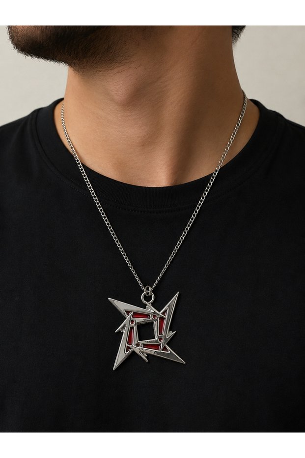 Red Detailed Metal Music Star Necklace Special Gift for Rock Lovers