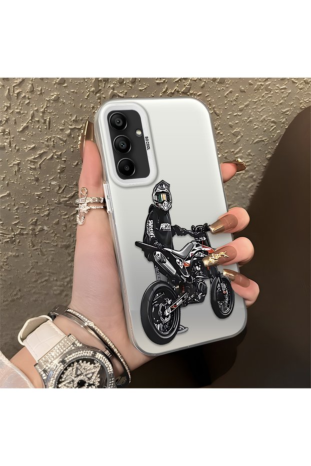 Samsung Galaxy A15 4G/5G Compatible with Helmeted Motorcyclist Drawing Printed Men's Style Phone Protective Case