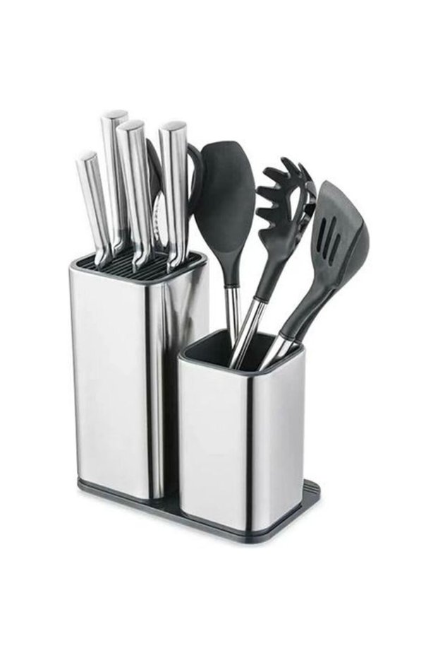 2-in-1 Stainless Steel Knife Holder, Knife Block, Cutlery Box, Kitchen Storage Set, Scissors Holder, Knife Holder (Knife Not Included) (Black)