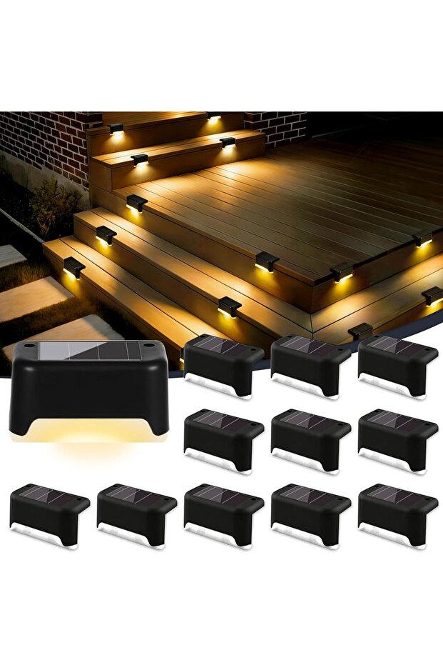12-Pack Outdoor Solar Stair & Fence Step Lights (Warm White, Black Frame)