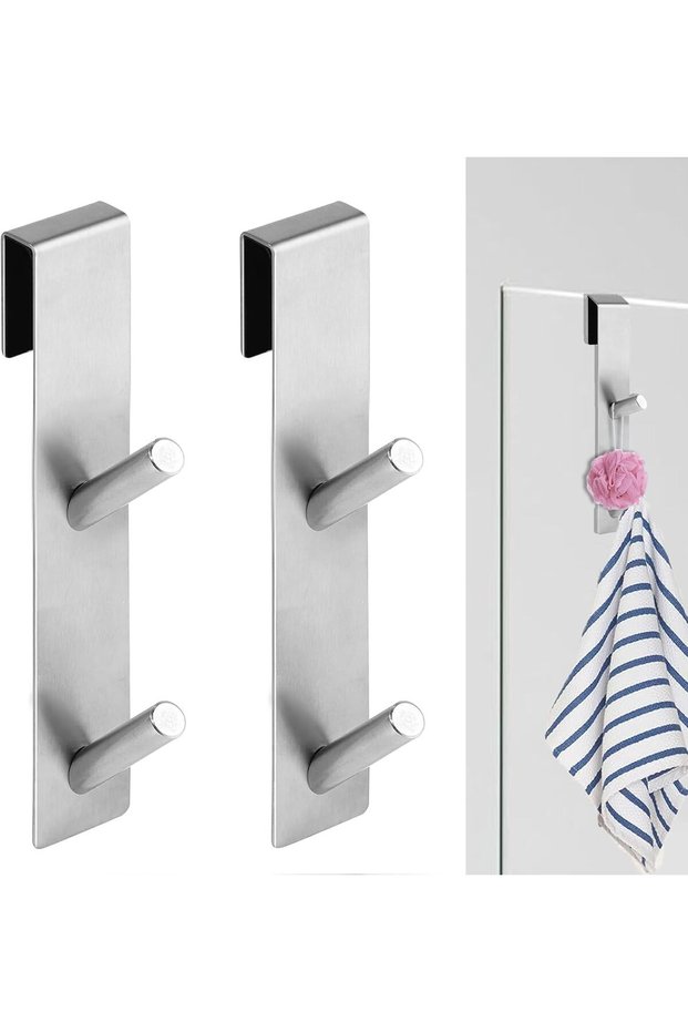 2-piece bathroom hook set, double towel hooks, shower enclosure, glass, silver, suitable for hanging towels, hand towels, bath sponges, pajamas, etc.