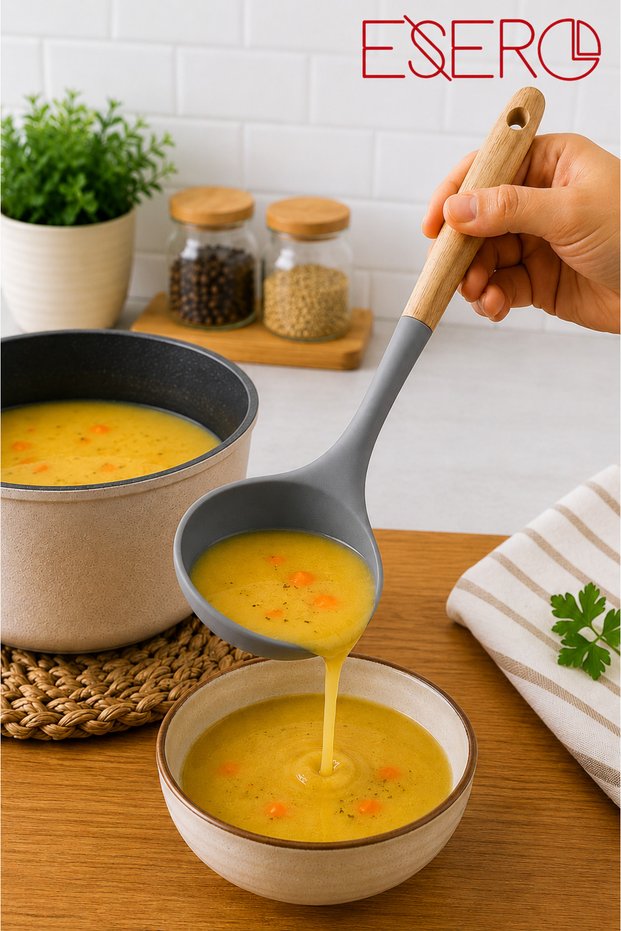 Premium Silicone Serving Ladle 32 cm Wooden Handle Gray White Soup Sauce Puree Food Serving Ladle Non-Scratch Cookware Set of 2