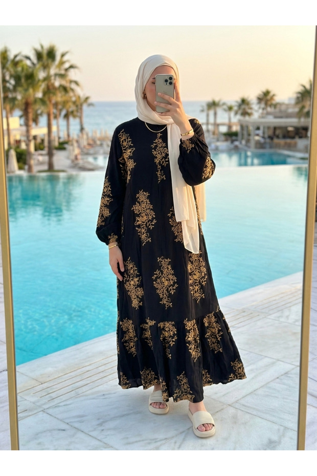 Viscose Fabric Gold Embroidered Hijab Dress