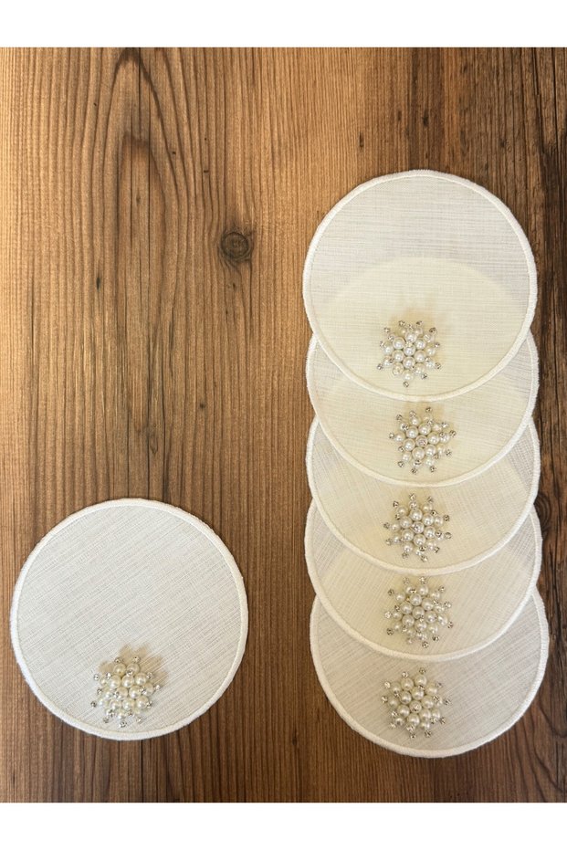 6 Pieces of Ecru Round Coffee Napkins with Silver Pearl Brooches for Cocktail Presentation