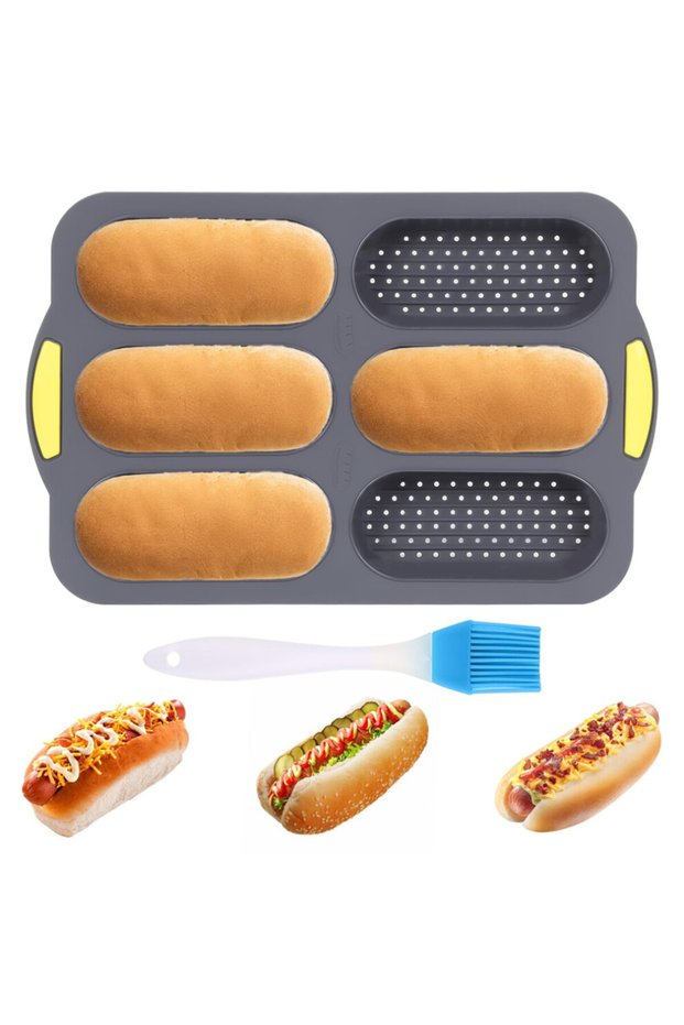 Hot dog bun mold (with oil brush), 6-slot French bread mold