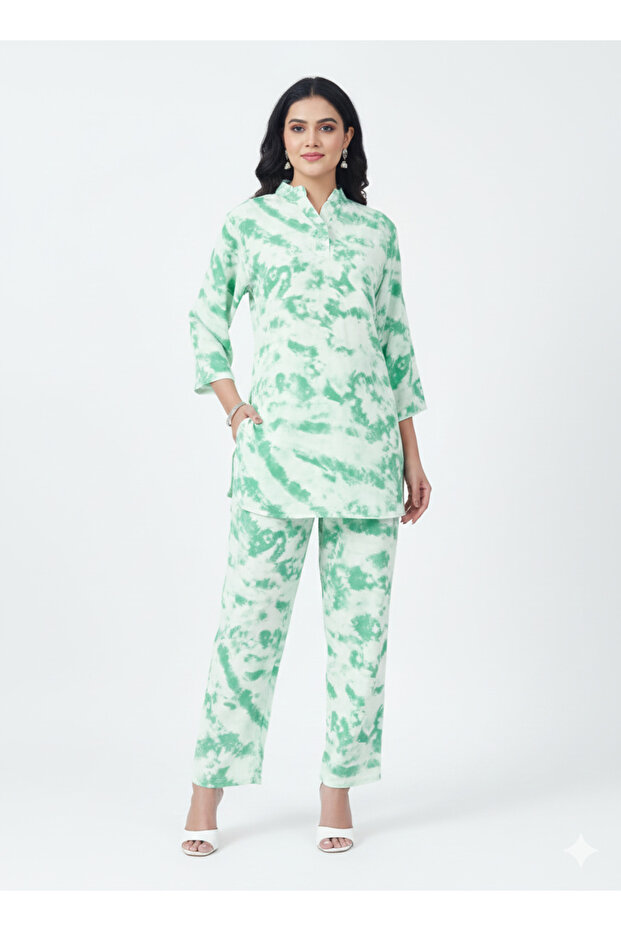 Mint Aura Tie-Dye Kurti Co-ord Set | Rizqé by Zadine Trendy Lounge & Modest Wear