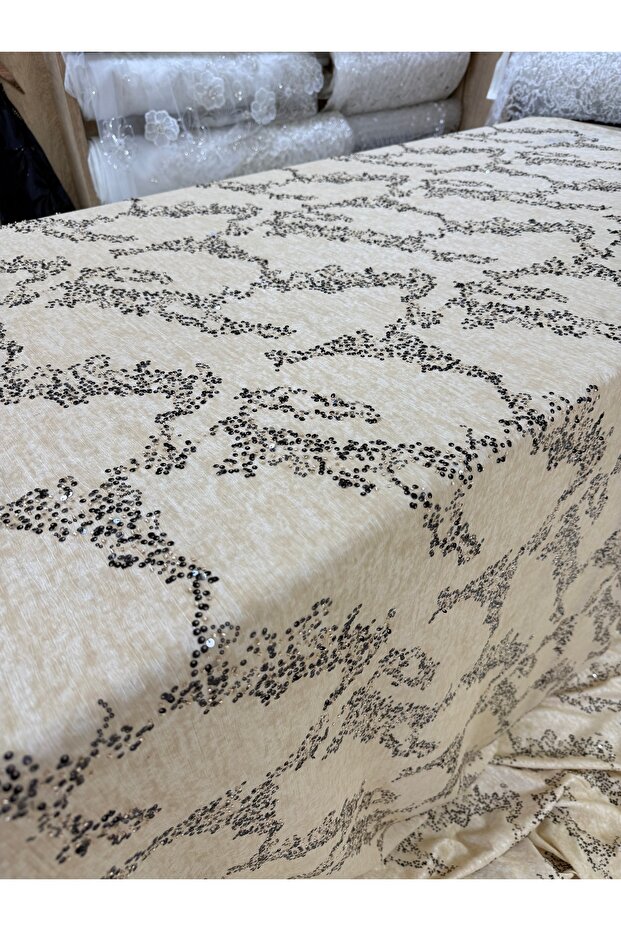 Cream Champagne Beaded Fabric - Evening Dress Fabric with Black Sequins and Beads (Width: 150 cm)