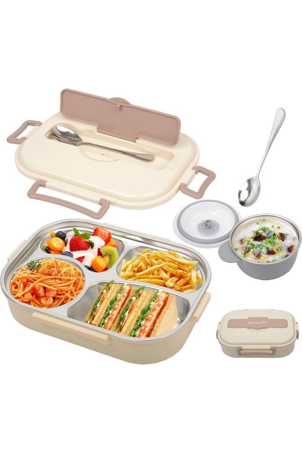 1.5-Liter Insulated 304 Stainless Steel Portable Lunchbox with Four Compartments, Reusable Bowls, and Spoon for Office and Travel