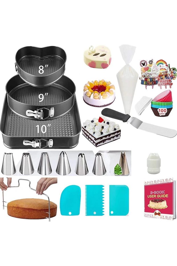 Three-piece cake mold set, made of carbon steel, available in round, heart, and square shapes, easy to unmold, double-coated, spring-loaded mold set.