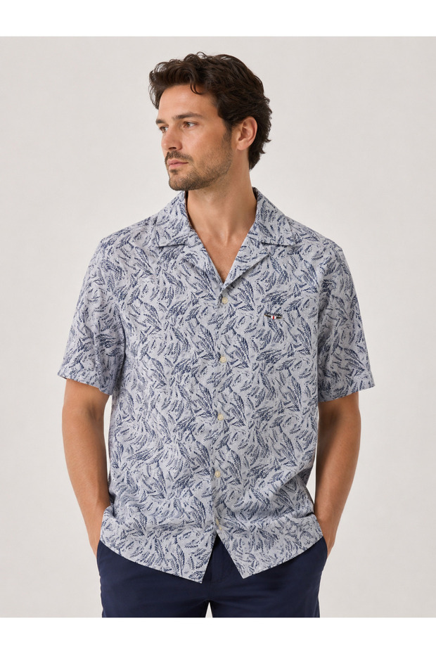 Men's Apaş Collar Short Sleeve Gray Patterned Shirt