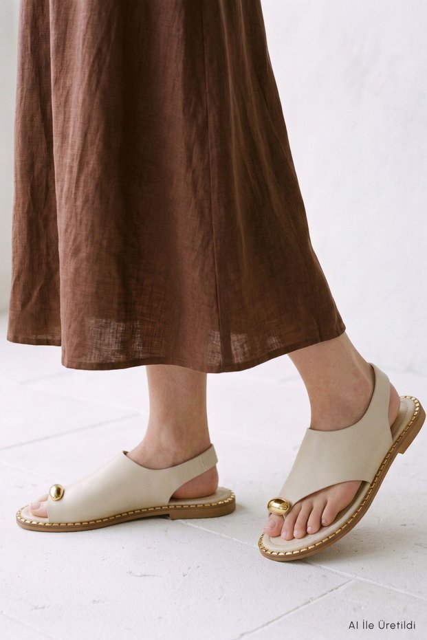 Flip Flop Sandals with Gold Buckle Detail 100 Cream
