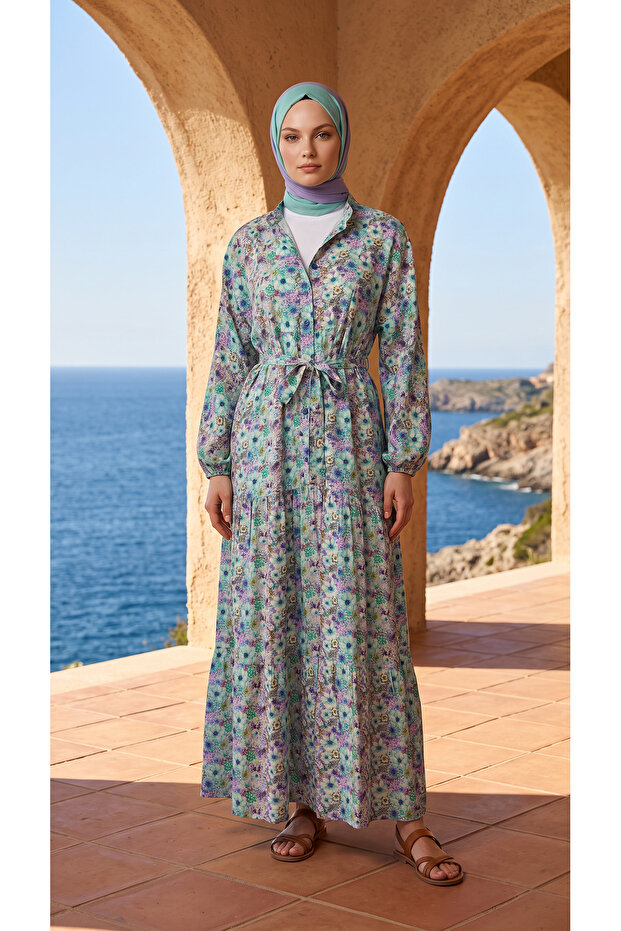 Modal Fabric Half-Button Belted Casual Dress