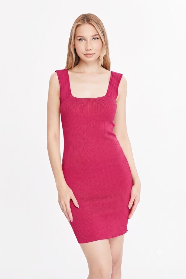 Women's Strappy Ribbed Knitted Fuchsia Dress