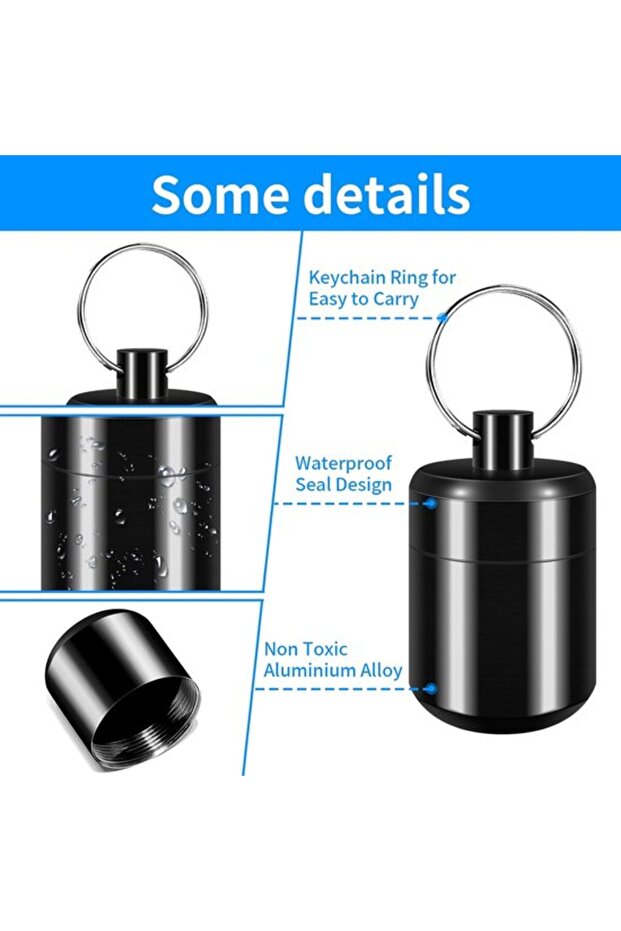 6 pieces Pill box with Keyring Medicine container Medication storage for Keychain Waterproof Aluminum 3.4*2.7 cm black