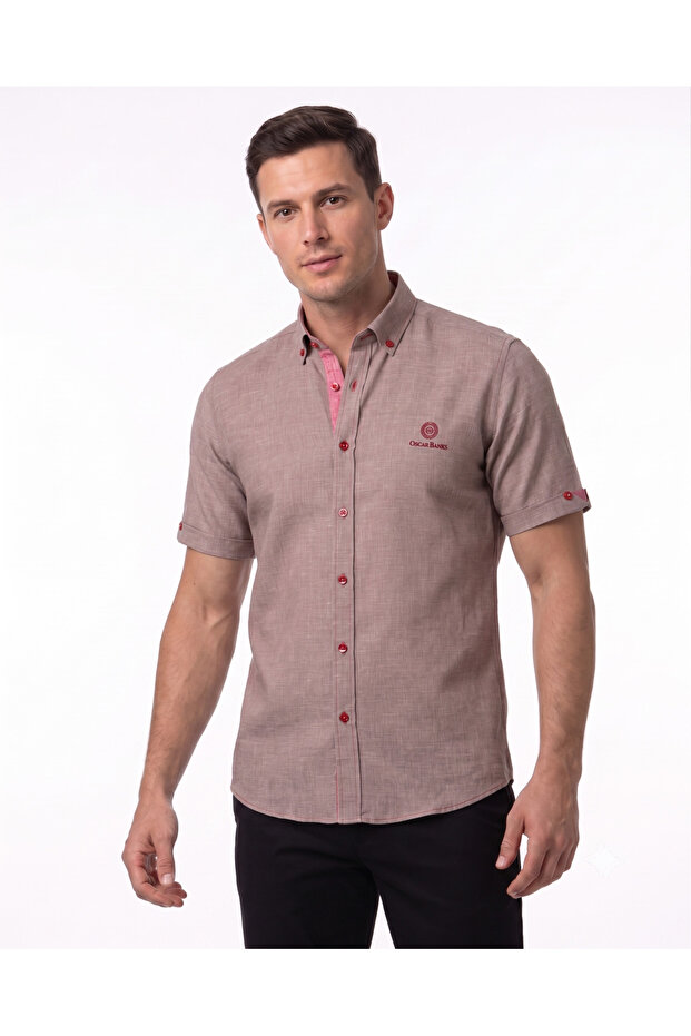 Men's Beige 100% Linen Short Sleeve Summer Shirt