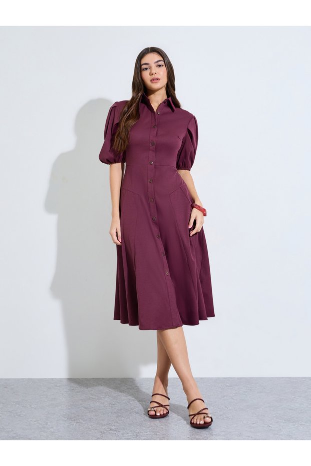 Burgundy Balloon Sleeves Shirt Midi Dress