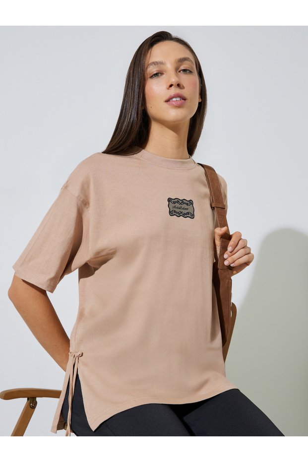 Brown Side Tie Detail and Graphic Print Knitted T-Shirt