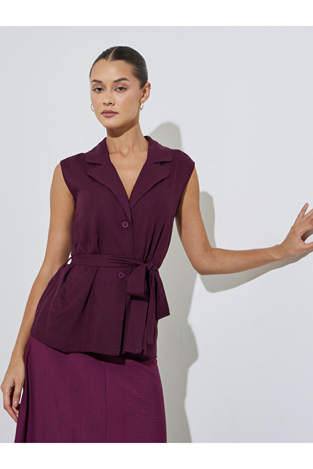 Burgundy Belted Sleeveless Waistcoat Top