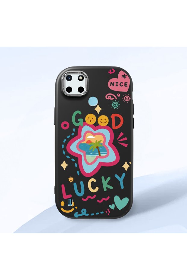 Realme C25Y Compatible Case Camera Protector Black Silicone Couple Phone Case Heart Pattern