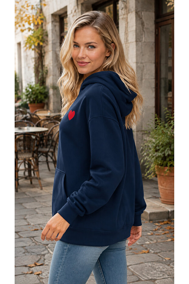 Women's Small Red Heart Printed Hooded Sweatshirt with Kangaroo Pocket