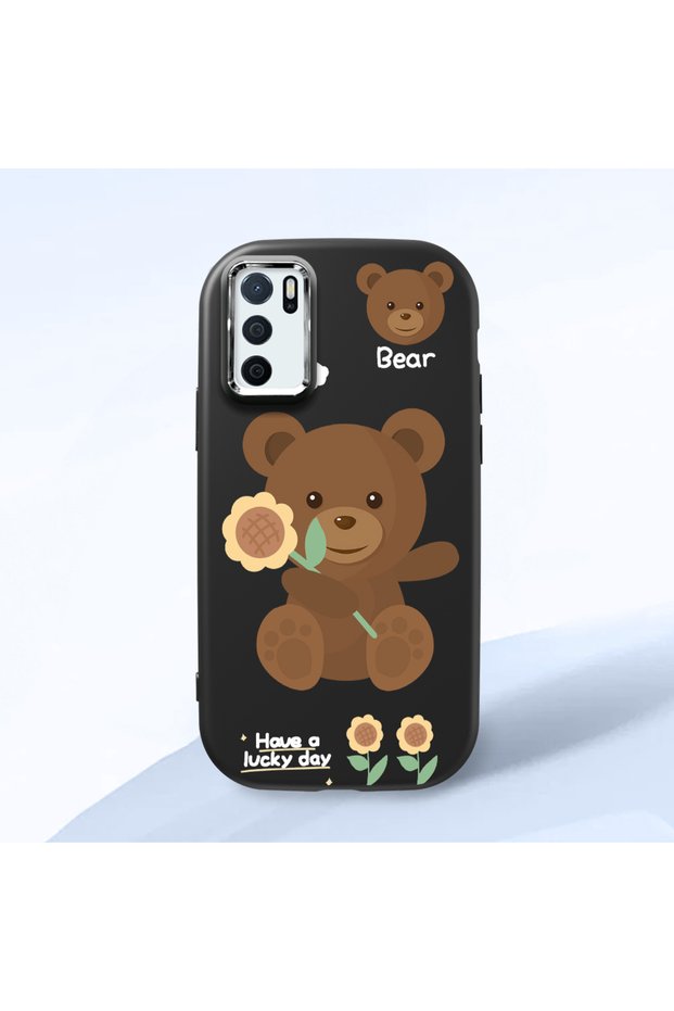 Oppo A55 4g Compatible Case Camera Protector Black Silicone Couple Phone Case Bear Patterned