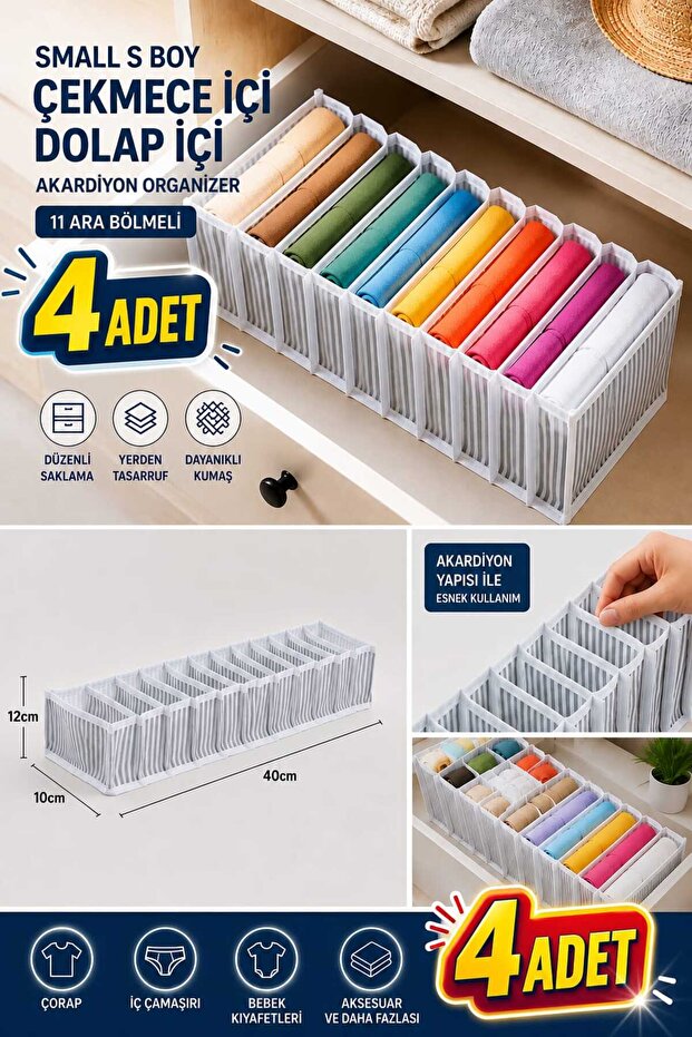 4 Pieces Small (S) Size Gray Striped Drawer Cabinet Accordion Organizer