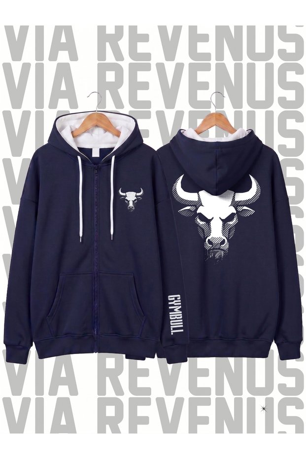 Gym Bull Front Back and Sleeve Printed Unisex Zipper Hooded Sweatshirt Cardigan