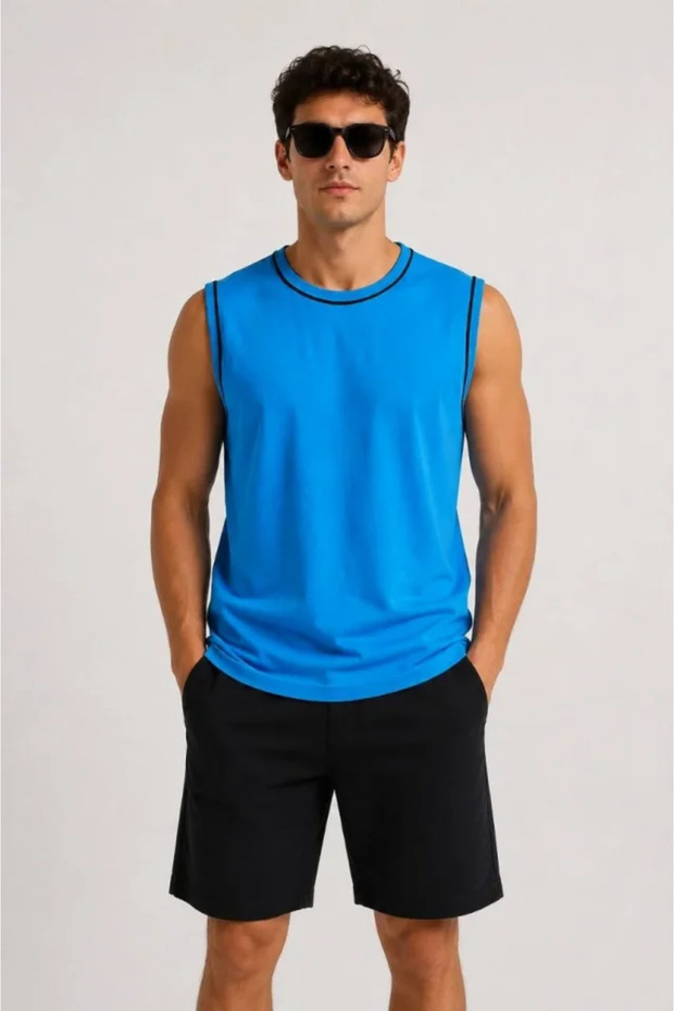 Men's Contrast Piping Sleeveless Undershirt Crew Neck Summer Basic Turquoise