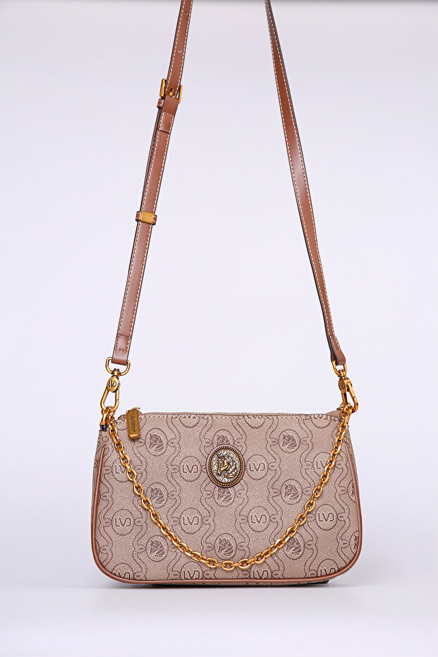 Small Size Baguette Design Women's Shoulder Bag with Chain and Logo Detail Camel