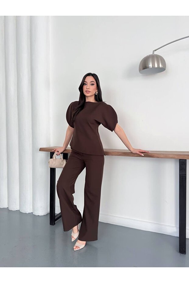 Women's Brown Balloon Sleeve Asymmetric Cut Set
