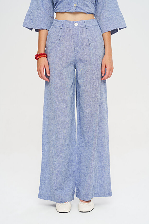 Women's High Waist Buttoned Blue Melange Palazzo Trousers