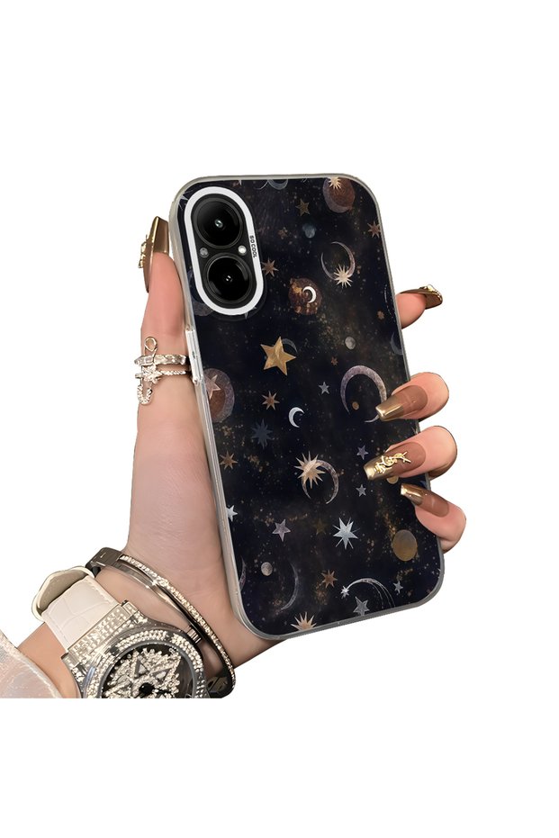 Realme 12 Lite Compatible Silicone Edge Hard Back Case Couple Phone Case Moon and Star Pattern