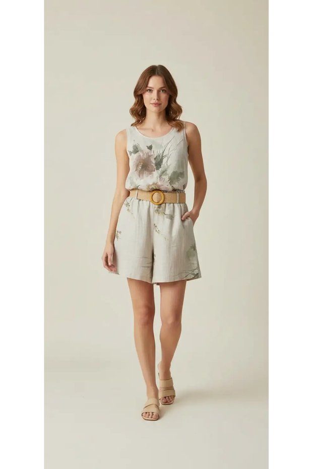 Botanical Print V-Neck Flowy Top & High-Waisted Shorts Set