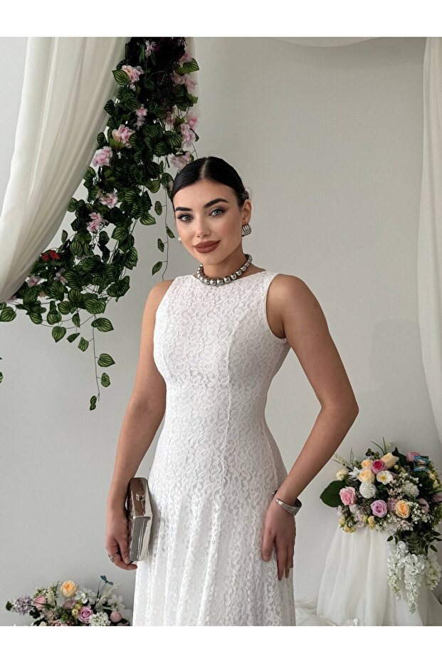 Women's White Midi Dress Boat Neck Sleeveless Lace Embroidered Flared Cut