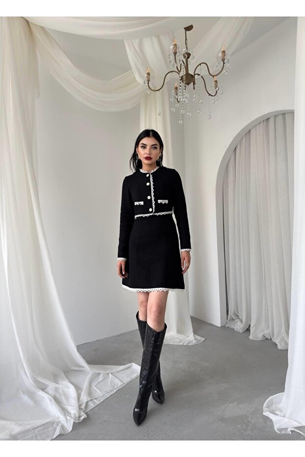 Women's Black Skirt Suit with Round Neck Buttoned Jacket and Mini Skirt, Textured
