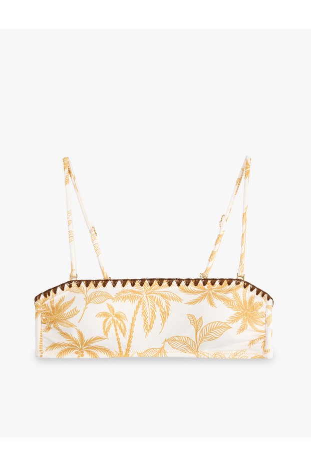 Palm Tree Patterned Crochet Detailed Strapless Bikini Top with Removable Straps