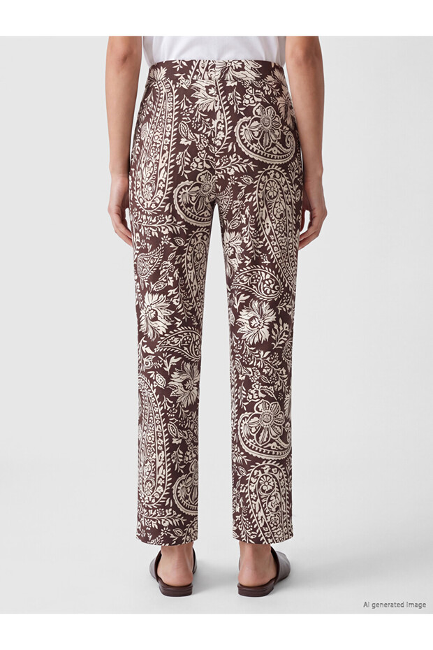 Brown Patterned Women's Trousers with Elastic Waist