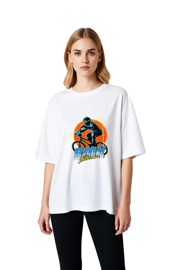 Women's Oversize Cycling Printed Short Sleeve T-Shirt Bmx Extreme Sports Design Relaxed Fit Casual Stylish