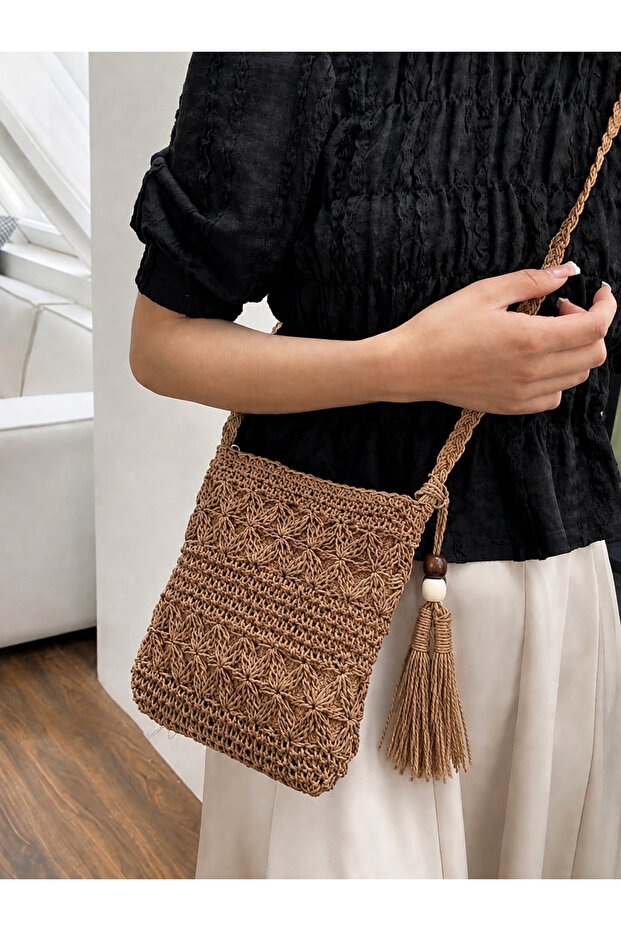 Edirne Knitted Motif Paper String Cross Strap Women's Bag – Camel