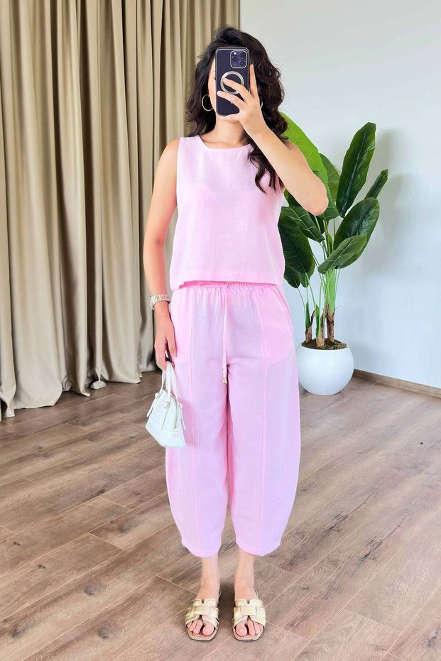 Women's Pink Linen Sleeveless Blouse with Elastic Waist and Pockets Wide Leg Two-Piece Set