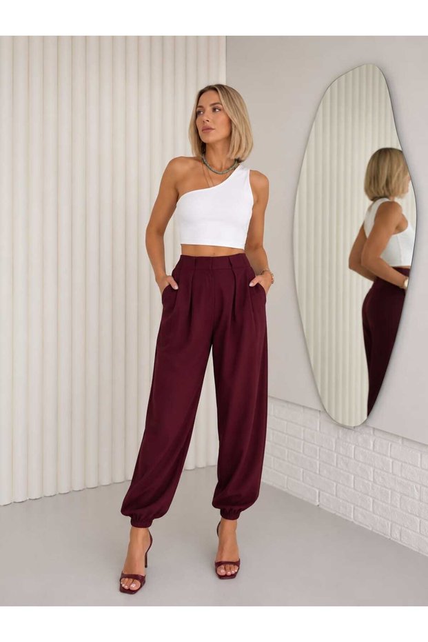 High Waist Pleated Detailed Cuffed Cuff Loose Woven Fabric Trousers