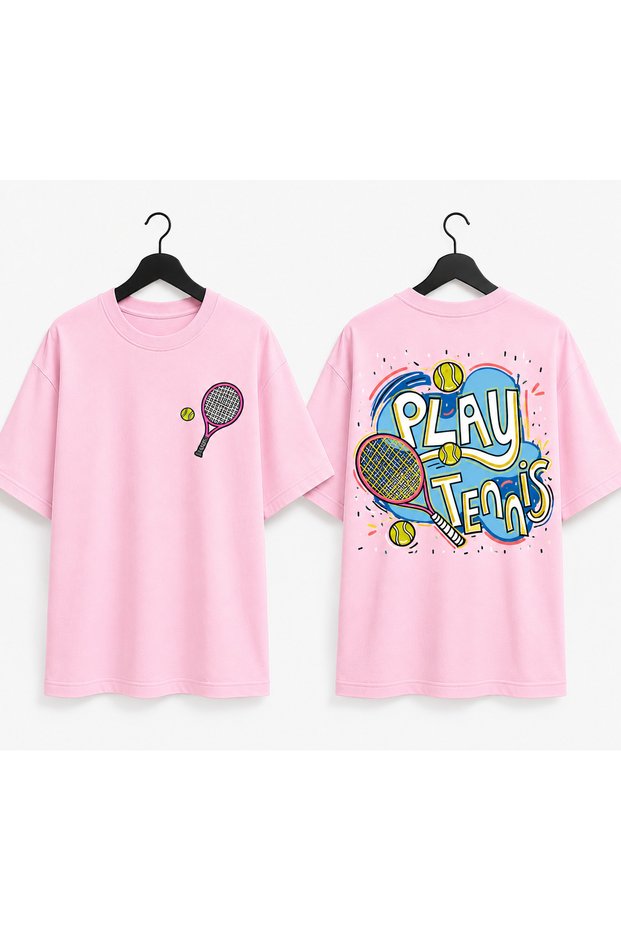 Unisex Oversize Tennis Printed T-Shirt 100% Cotton Tennis Themed Comfortable Fit Short Sleeve T-Shirt