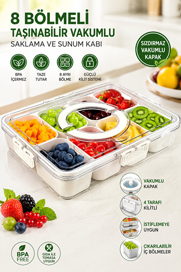 8 Compartment Vacuum Storage Container | Portable Breakfast and Presentation Container | Fruit Vegetable Nuts Organizer with Compartments
