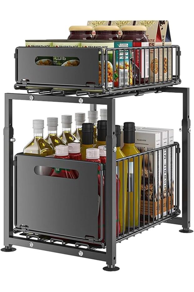 2-Tier Under Sink Storage Metal Kitchen Organizer,Spice Rack Sliding Organizer,Under Sliding Cabinet