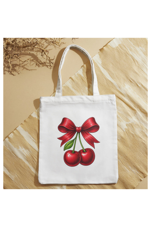Cherry Patterned Cloth Bag – Canvas Tote Bag with Red Bow – Casual, Beach, and Shopping Bag