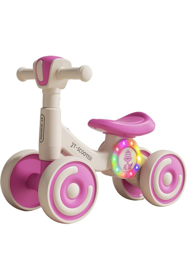 Kids Balance Bike, Four Wheels with Music and Colorful Lighting, Baby Balance Bikes Toy for 12-36 Months Toddler Boys and Girls, Indoor Outdoor No Pedal Infant 4 Wheels Bicycle (Pink)