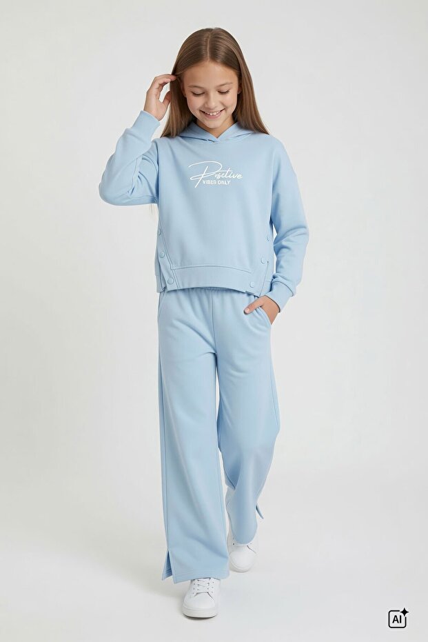 Blue Girls' Embossed Sweatshirt with Snap Detail Wide Leg 2-Piece Tracksuit Set 24763